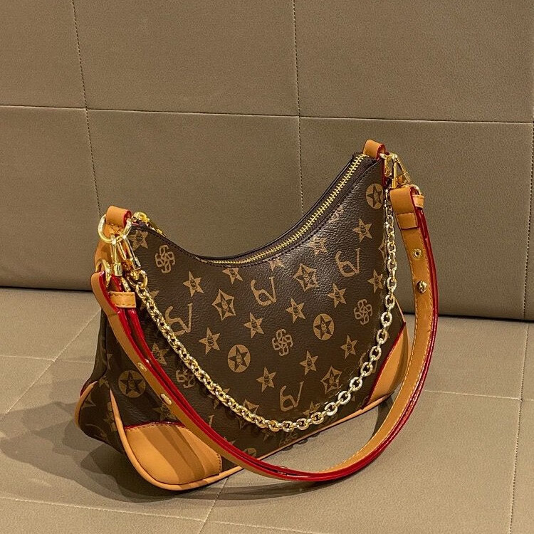 酷奇袋鼠包包真皮老花女包腋下包包女2025新款高级感时尚单肩斜挎包牛角包 咖啡色