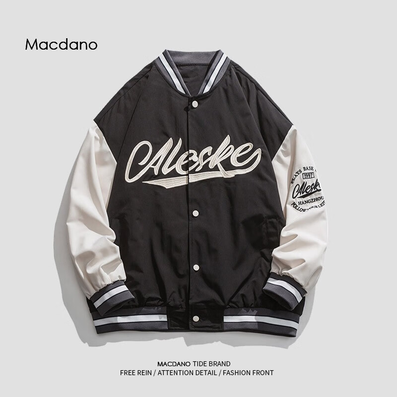 麦克丹奴飞行员刺绣夹克男外套春秋款休闲美式情侣棒球服男士春季潮流上衣 黑色JK2139 L