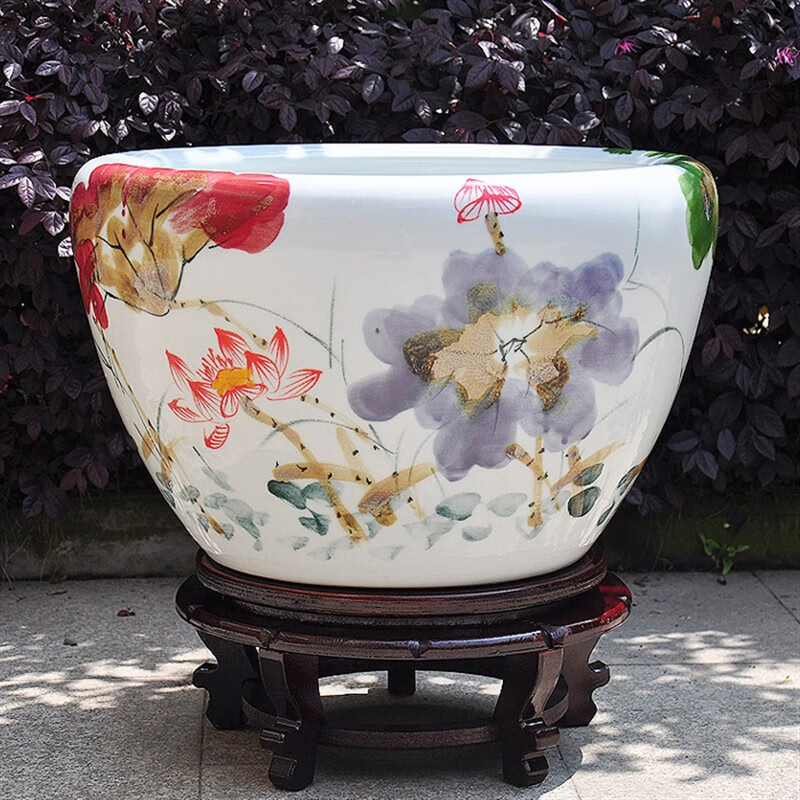 景德镇陶瓷鱼缸水莲荷花缸锦鲤养鱼睡莲盆乌龟特大号圆形家用 五彩