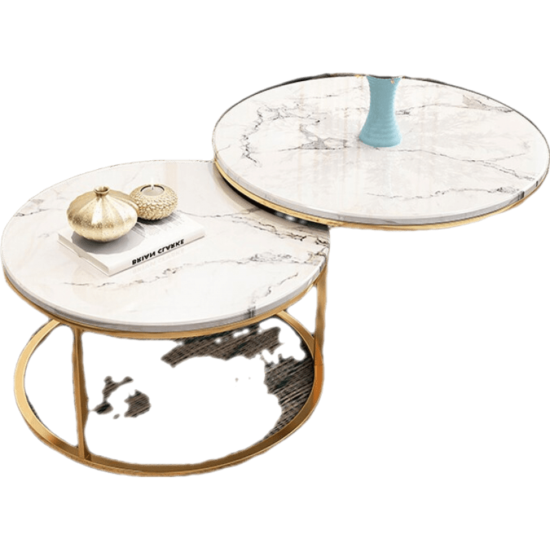 伊琦美 茶几 轻奢圆形金色创意茶几烤漆后现代客厅简约不锈钢大理石轻奢茶台 60+80组合套装
