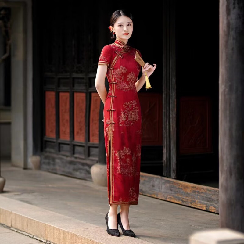 圣琪朵送高考妈妈穿的旗开得胜旗袍中考送考红色花罗缎春夏款喜婆婆