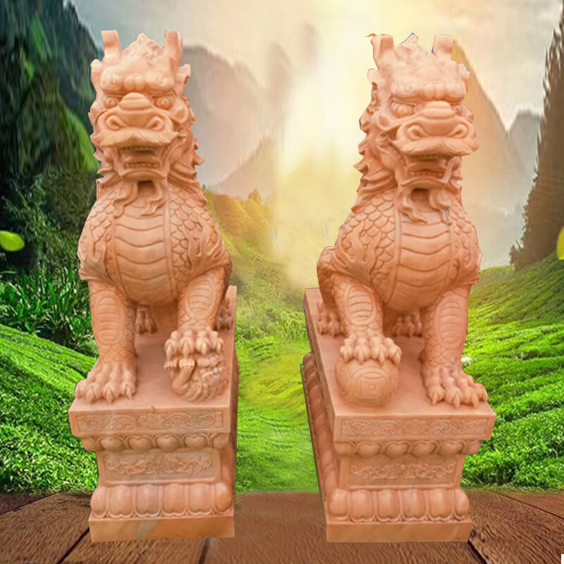 晚霞红麒麟貔貅大理石龙爪麒麟一对公司庭院单位门口摆 晚霞红貔貅