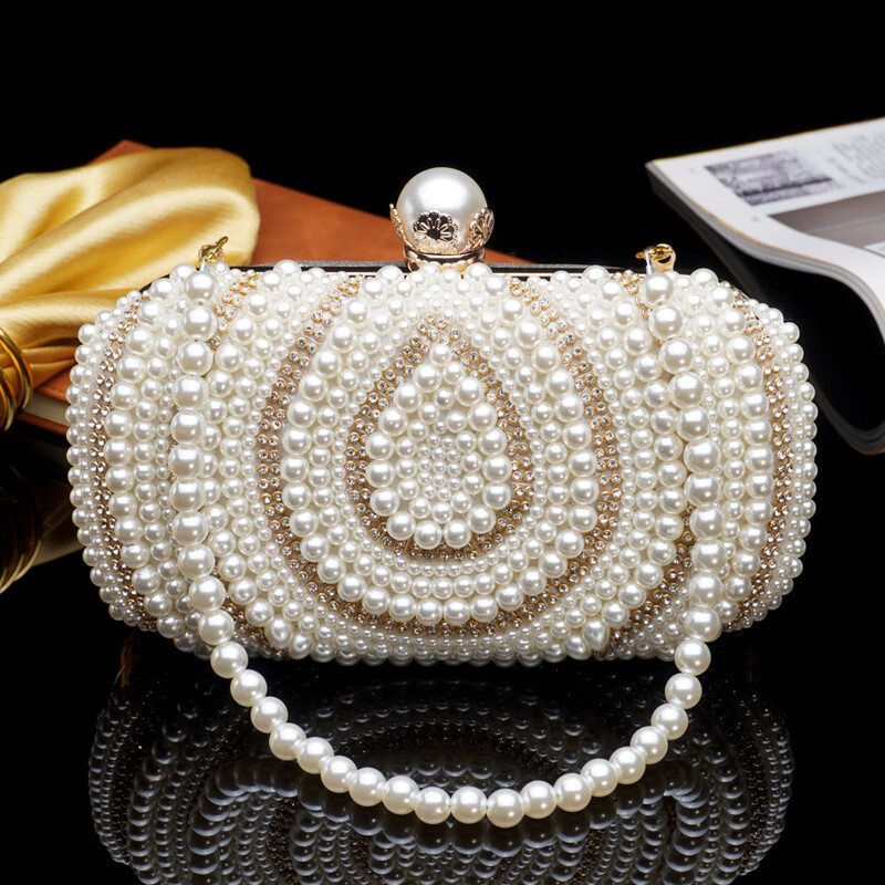 名媛珍珠手拿包女珠绣晚宴晚礼服手包晚会宴会搭配旗袍小包包手提 米
