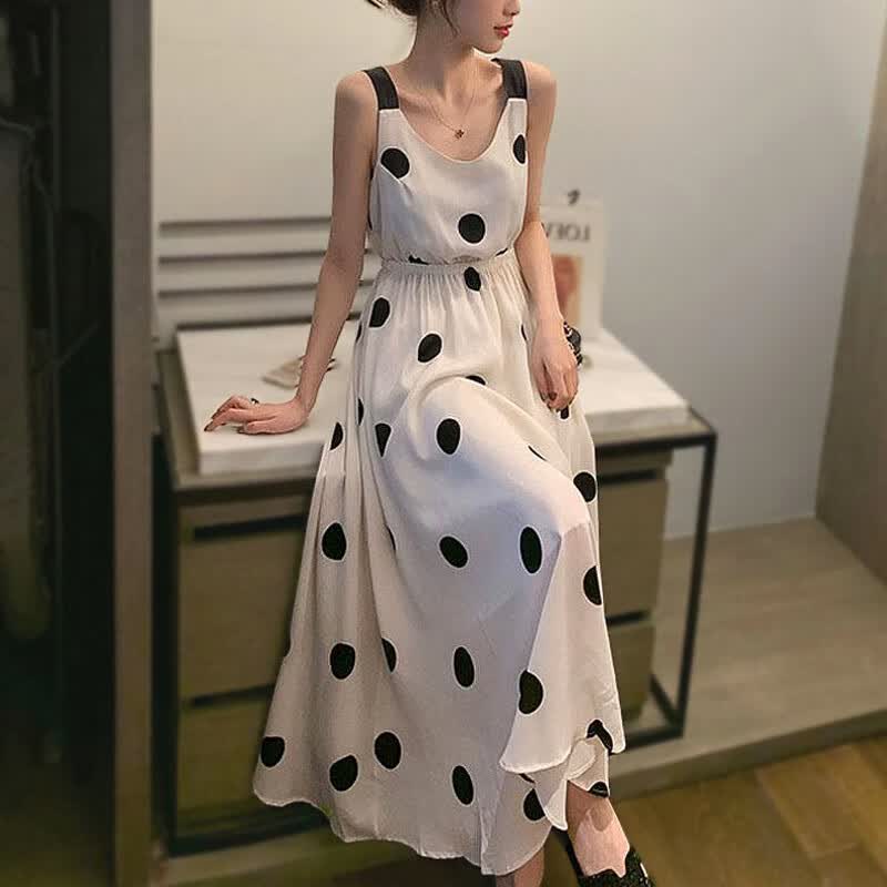 缘雅婷沙滩女海边度假长胖妹妹夏季女装遮肚子显瘦胖mm波点雪纺 杏色