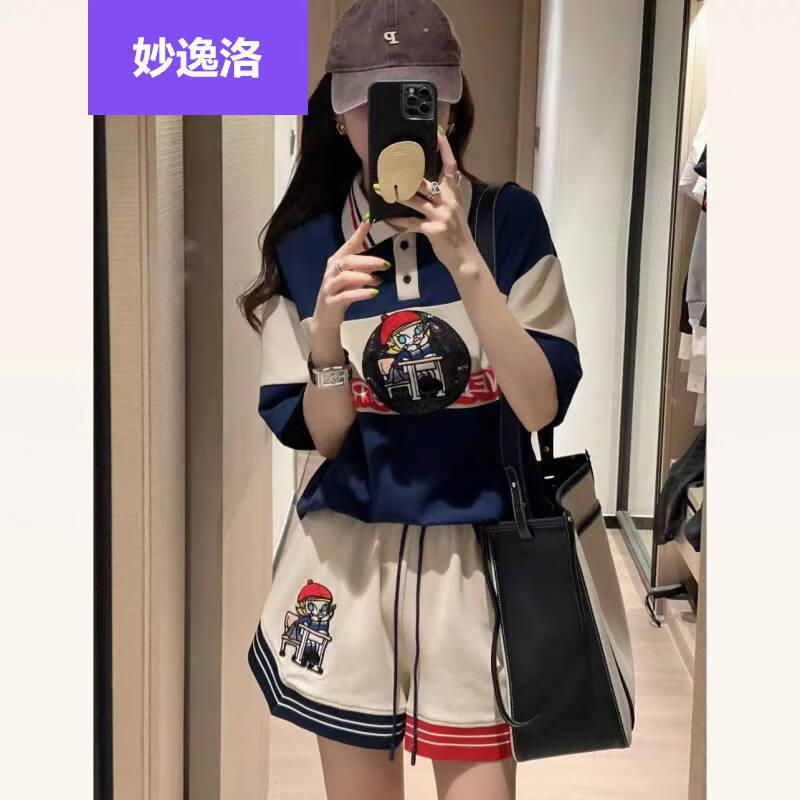 妙逸洛运动休闲套装女欧货宽松显瘦刺绣拼色polo领上衣一套很仙女生网