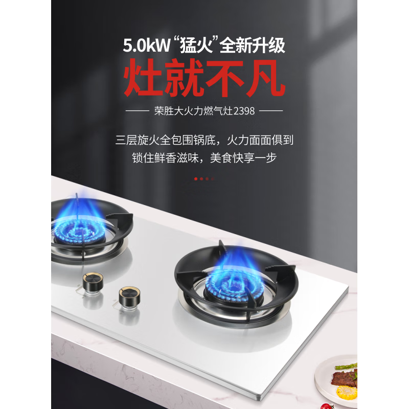 荣胜750不锈钢燃气灶聚能大火力5.2kW猛火节能双灶台嵌入式两用天然气灶液化气灶 750*430液化气双灶
