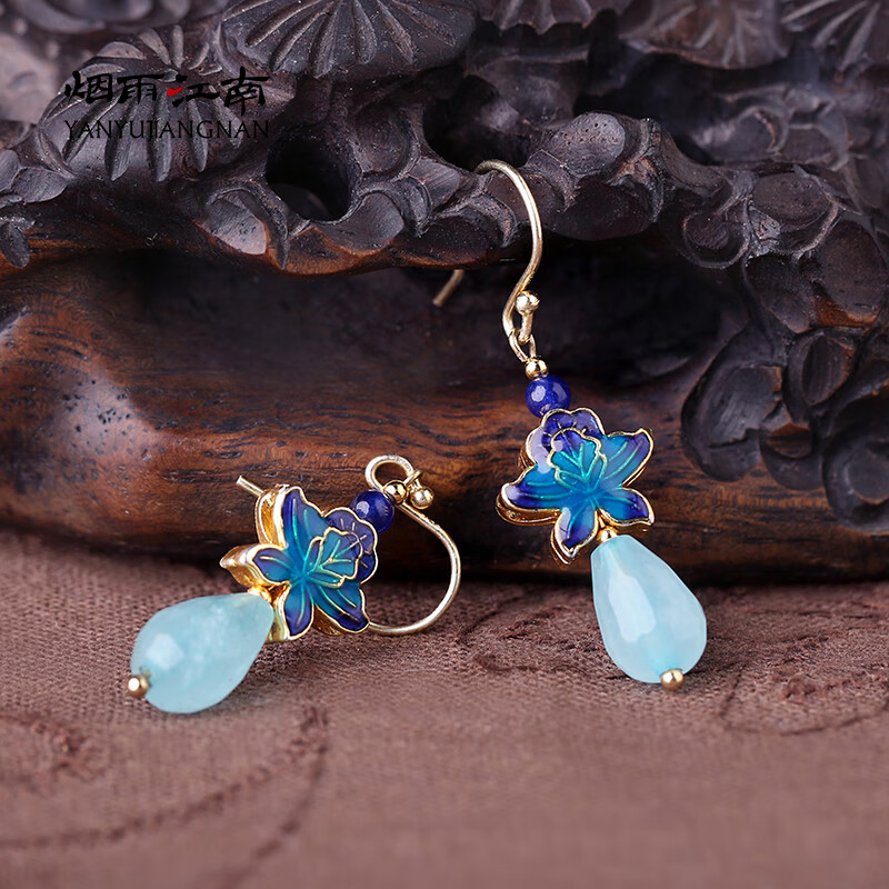 烟雨江南2020年新款潮耳环女景泰蓝耳坠古典仙美耳夹百搭气质耳饰 925