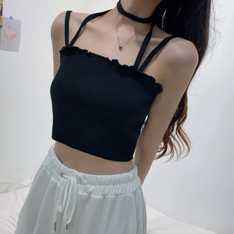 吊带背心女2022年夏季新款性感挂脖露肩修身外穿内搭上衣 黑色 均码