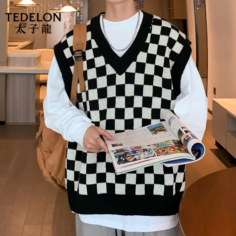 太子龙 TEDELON 马甲男冬季潮流韩版V领无袖毛衣外套男休闲舒适针织背心上衣男装 NYH192 黑色 XL 