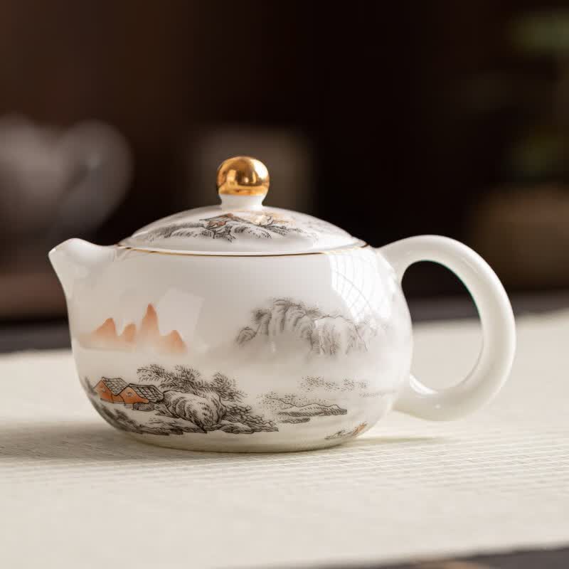 金镶玉 羊脂玉瓷功夫茶具套装 家用陶瓷白瓷茶壶茶杯泡茶套组礼盒装 西施壶水墨江山羊脂玉瓷套装