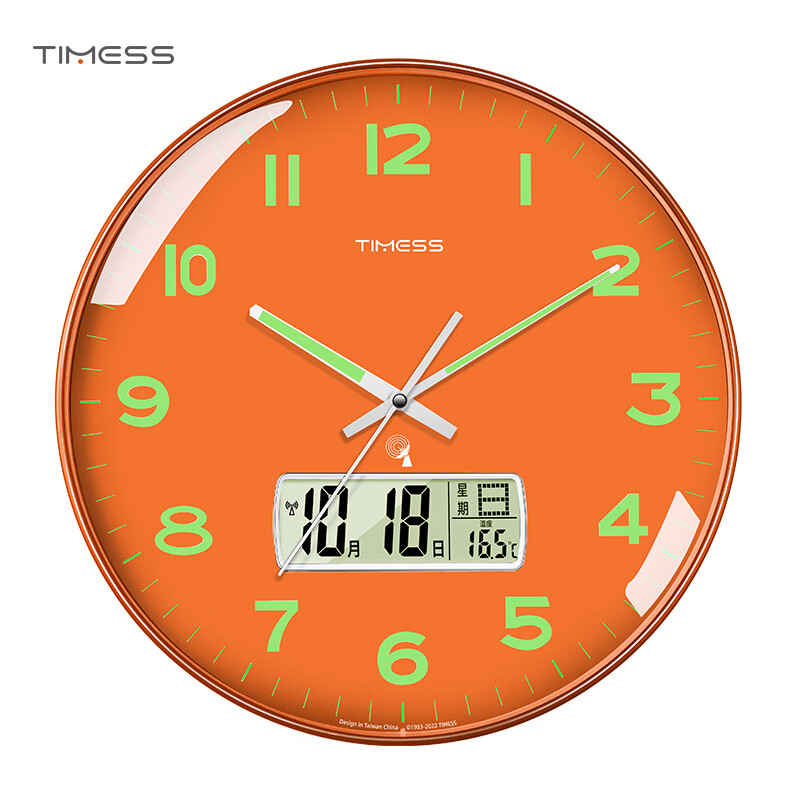Timess挂钟电波钟自动对时夜光钟客厅家用时尚免打孔时钟挂墙36cm