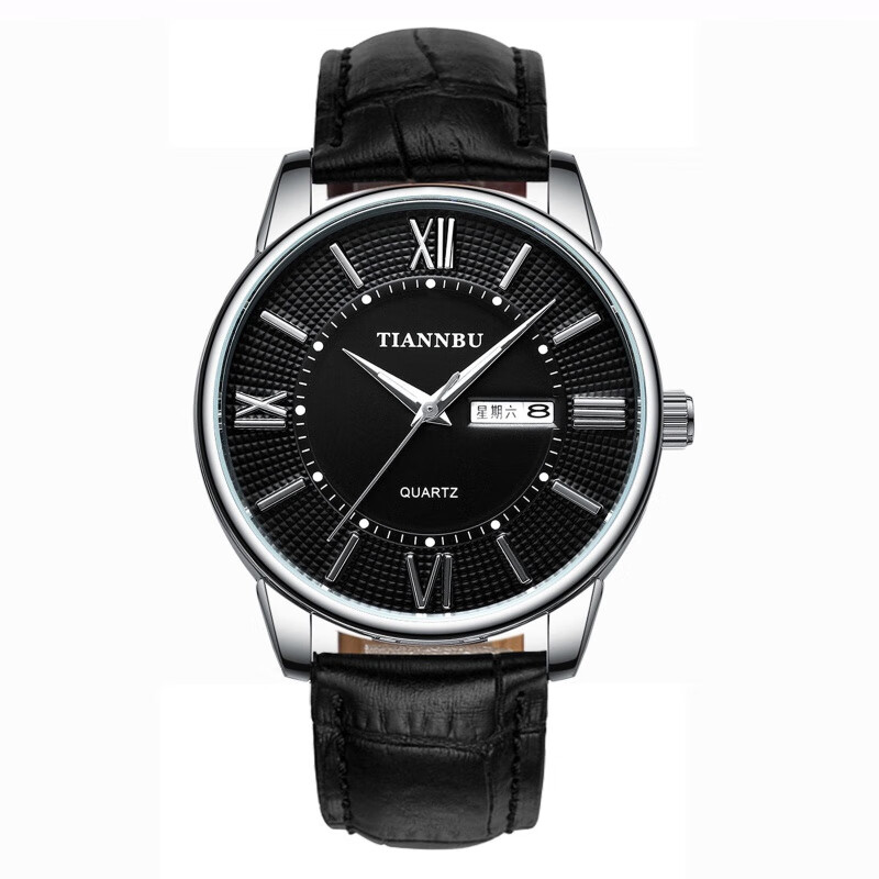 天博手表男士双日历石英表防水夜光男女士钢带表 银壳黑面黑皮带-男