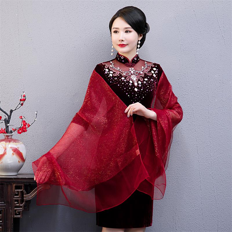 花姿朵喜婆婆婚宴旗袍披肩红色喜庆妈妈双层真丝纱巾欧根纱丝巾礼服夏