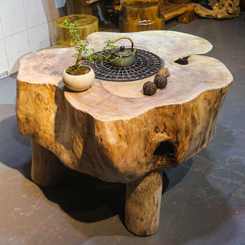 出写原生态围炉煮茶桌户外实木庭园木桩树墩原木火炉桌子炭炉创意 长