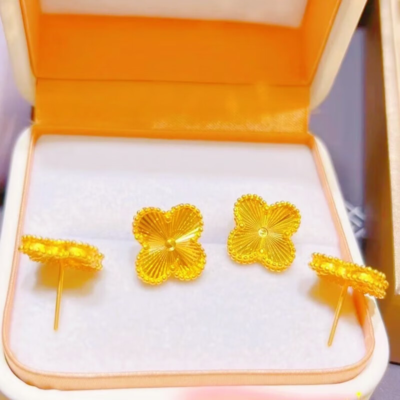 中國珠寶（Sino gem）新款幸運四葉草黃金耳釘色鍍耳環(huán)5D硬精致輕奢18K墜情人節日禮物 色四葉草耳釘