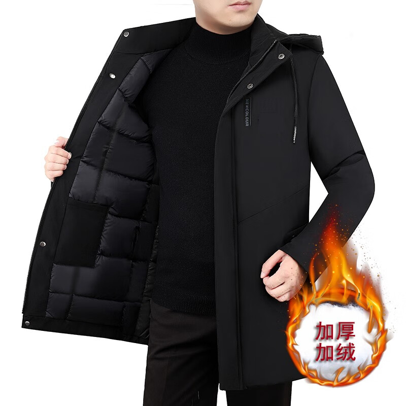虎迹冬季中长款防风加绒加厚羽绒棉脱卸帽子