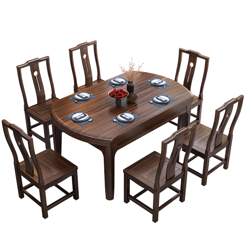 景腾 餐桌 乌金木实木餐桌椅组合新中式1.38米伸缩可折叠餐台家用吃饭桌子一桌六椅餐厅家具 一桌四椅