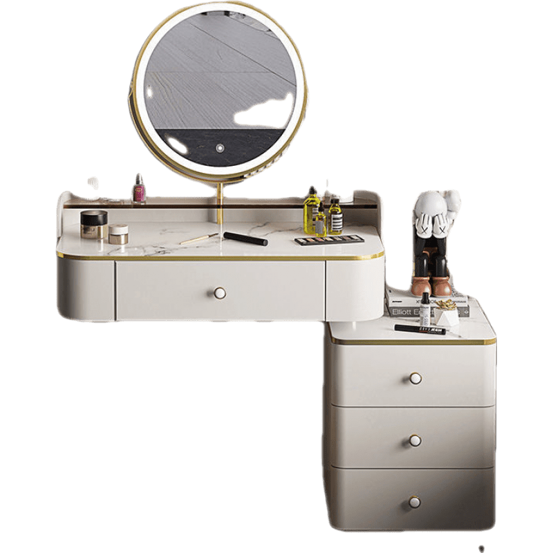 千番町 轻奢梳妆台主卧简约现代小户型多功能双层实木大容量卧室化妆桌化妆台婚房 围挡80组合+智能镜+花瓣椅白【双层梳妆台】 整装