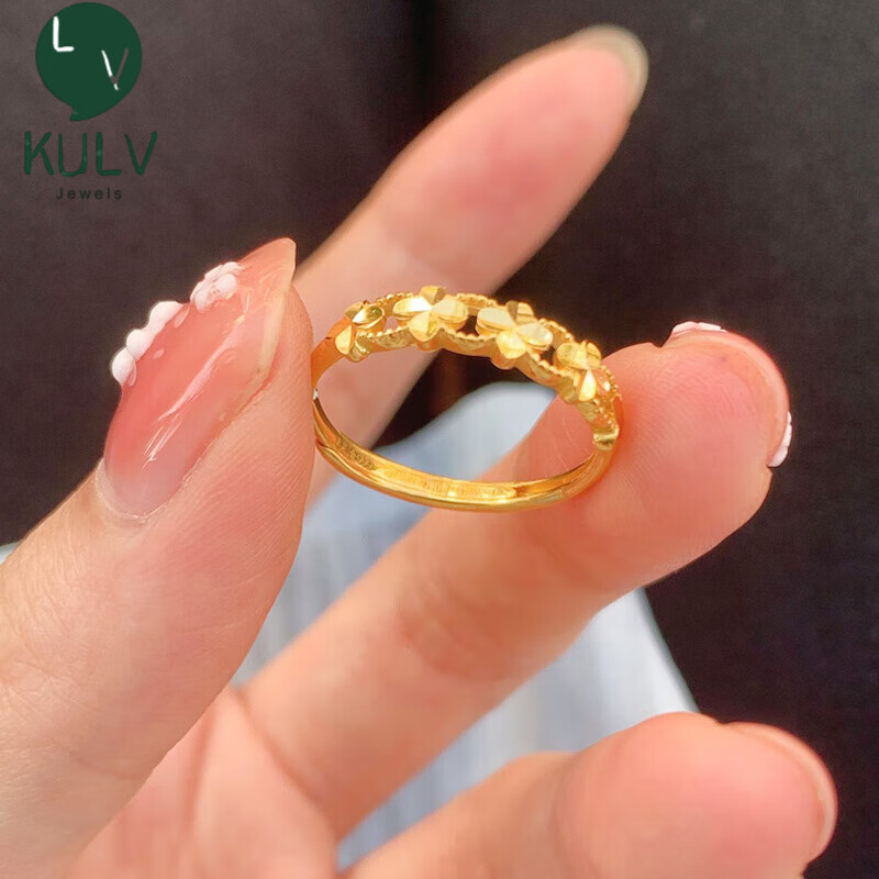 KULV18k金戒指女新款18K金四葉草款金開口可調(diào)節(jié)3D硬金素金指環(huán) 四葉草戒指(可調(diào)節(jié))