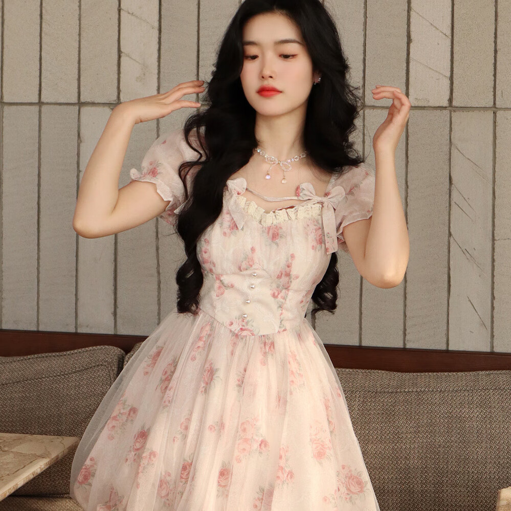 夹谷小个子女生穿的遮肚子连衣裙学生粉色碎花裙甜美减龄仙女裙超仙纯