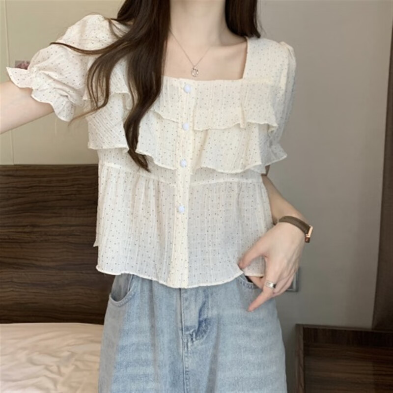 樱榄大码女装雪纺衫女夏季胖mm法式荷叶边方领波点短袖娃娃衫减龄上衣
