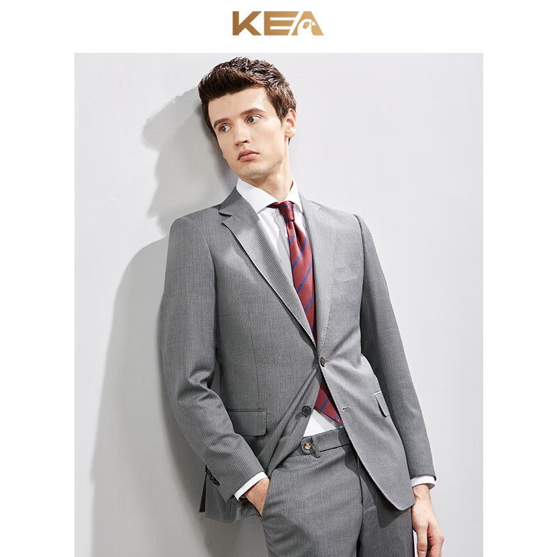 KEA男士西装套装韩版修身灰色条纹商务休闲西服羊毛正装宴会礼 浅灰色条纹 175/92A(48A)
