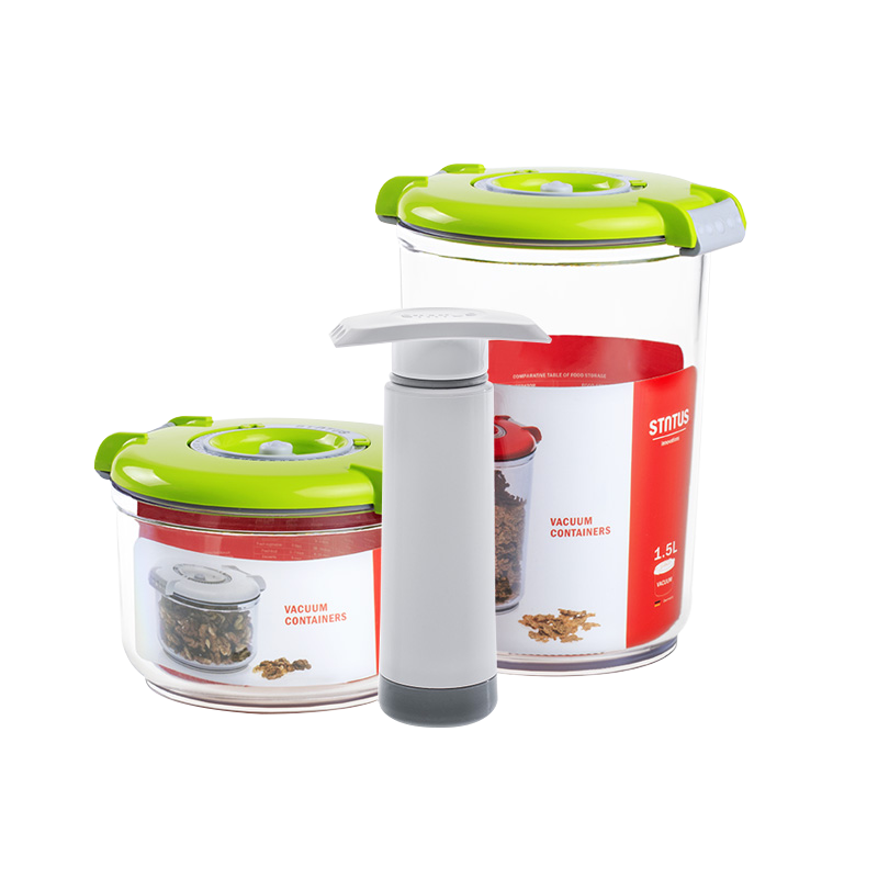 STNTUS innovations 鲜途保鲜盒冰箱专用水果食品真空保鲜盒进口圆形饭盒微波炉加热 0.75L+1.5L套装绿色+手动泵