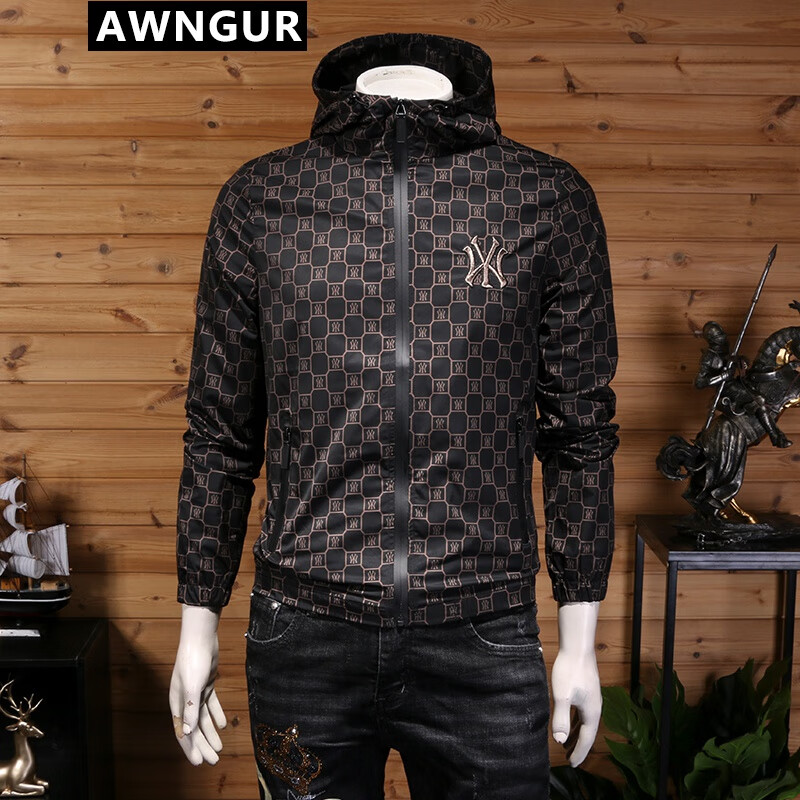 awngur 欧货潮牌休闲外套男士春秋季韩版修身上衣服男装字母连帽夹克