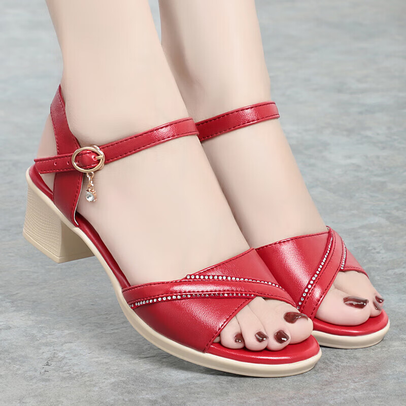 安源小子夏天女装真皮凉鞋夏款中年妇女凉皮鞋夏季女中跟露趾中老年人