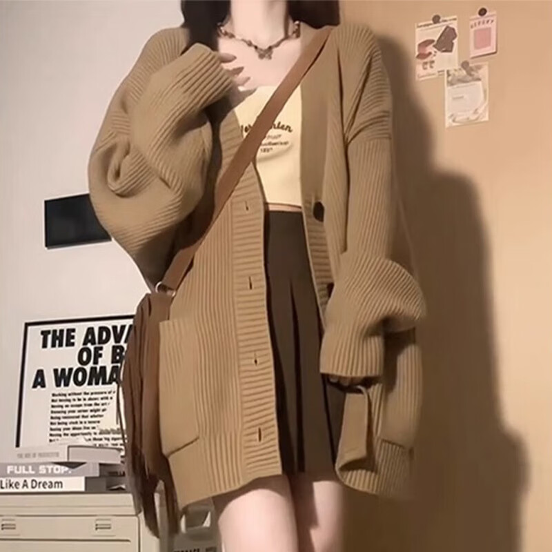 相伊恋人针织外套女26年春秋季新款毛衣外搭中长款宽松开衫慵懒风韩版上衣 浅灰色 均码 【建议80-140斤】