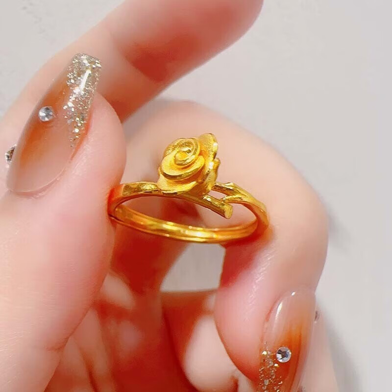 易昇999足金玫瑰花戒指女士黄金新款时尚开口戒子指环生日情人节礼物