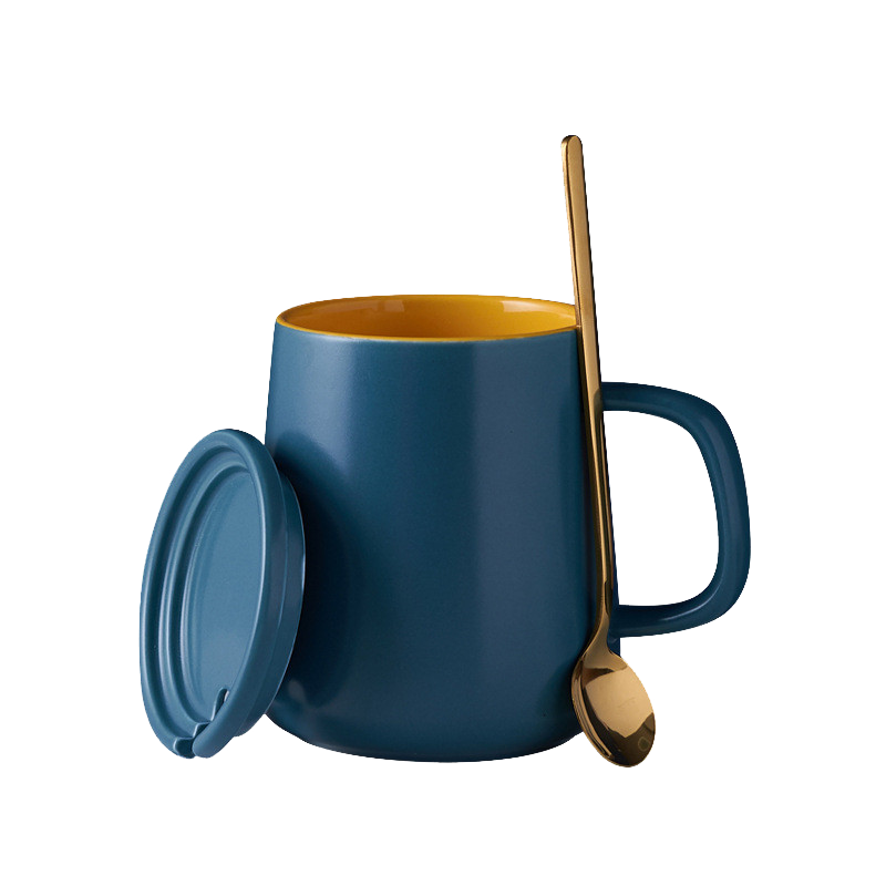 传旗 北欧莫兰迪轻奢马克杯450ml带勺盖牛奶杯简约撞色陶瓷创意水杯子早餐杯办公水杯 经典黄蓝撞色