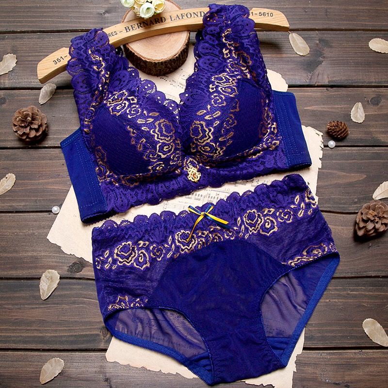 内衣女内裤性感聚拢学生韩版胸罩女蕾丝美背无钢圈文胸曼迪尚 宝蓝色