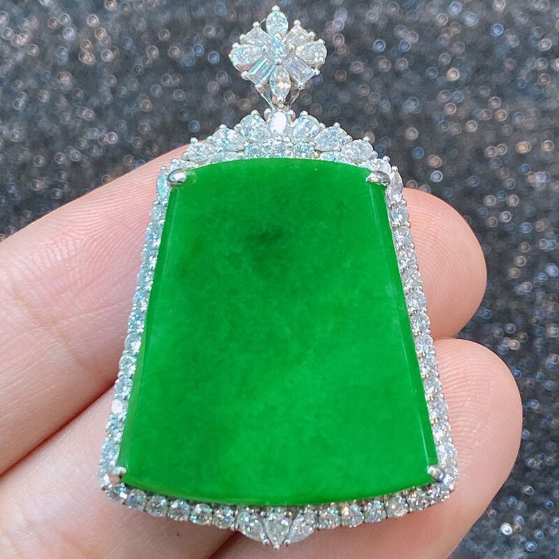 临门缅甸老坑天然a货翡翠冰种阳绿无事牌18k金镶嵌翡翠吊坠女士 绿色