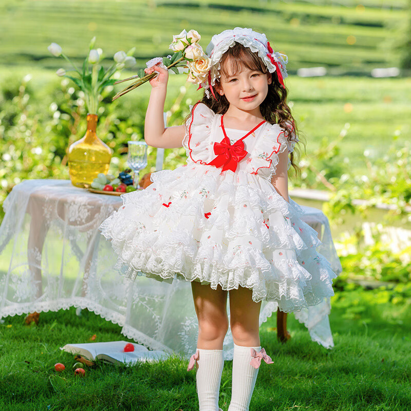 2024夏季新款童装女童宝宝可爱碎花蛋糕裙儿童洛丽塔lolita裙子 白色