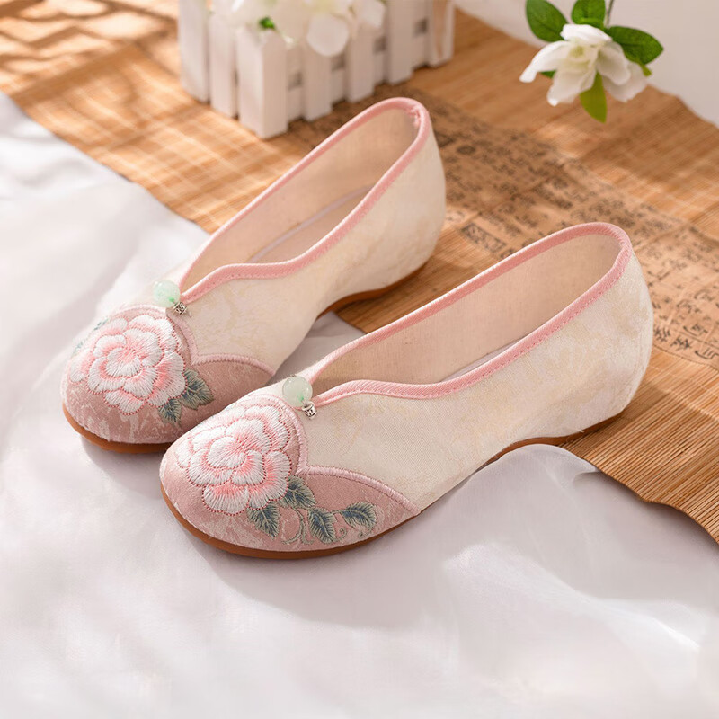 布鞋时尚女鞋古风绣花鞋民族风汉服鞋优雅旗袍鞋软底女单鞋 粉色牡丹