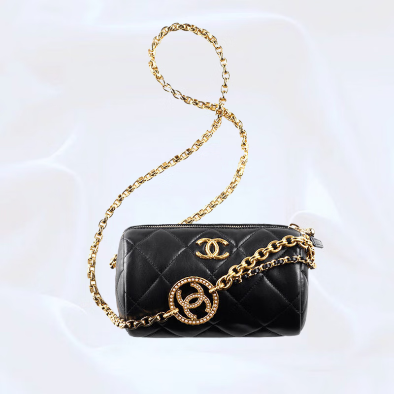 香奈儿(chanel)2024新款女包迷你黑色小羊皮精致金属徽标链式单肩斜