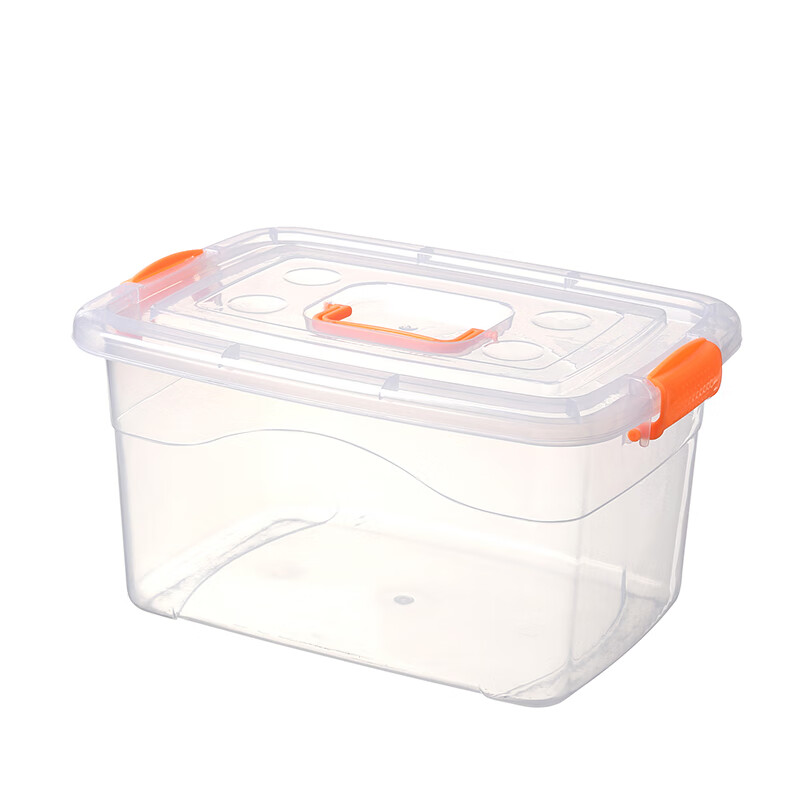 加厚手提透明收纳箱塑料玩具收纳盒有盖小中号衣服整理箱储物箱子 特厚高透明（橘色手提） 小号带手提长28宽19高16厘米