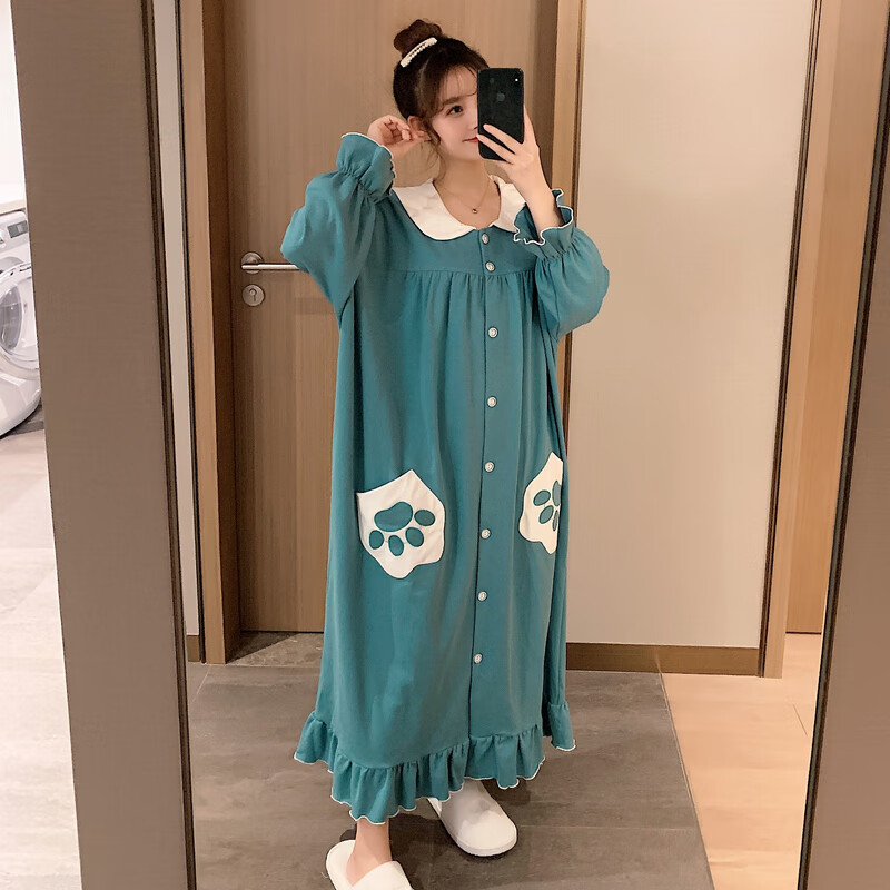 款到脚踝过膝睡春秋棉质长袖大码胖mm200斤孕妇睡衣冬 021#熊掌军校蓝