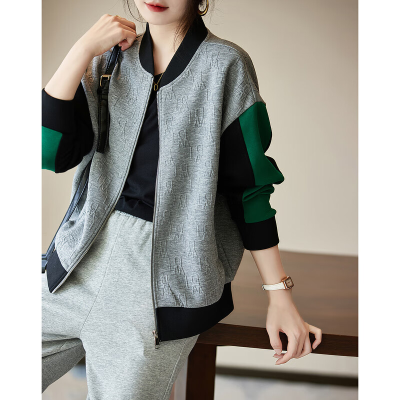 德玛纳（dme）外套女2023春秋新款休闲上衣拼接撞色夹克流行百搭棒球服潮 雅灰 S