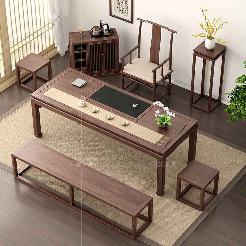 mef实木茶桌椅组合简约功夫茶几新中式茶台胡桃木禅意泡茶桌套装一体