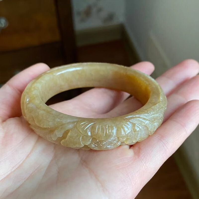 千弗和田玉且末糖玉凤凰牡丹花开富贵雕刻手镯 重约62送女友长辈礼物