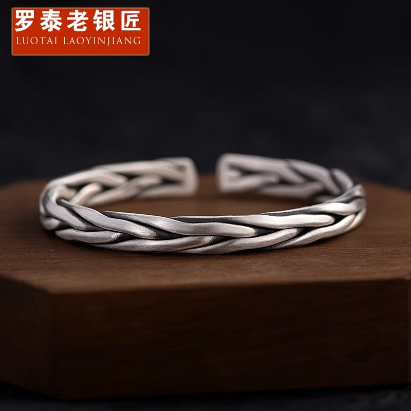 罗泰老银匠高级感足银999复古哑光做旧编织足银开口手镯男小众潮 999