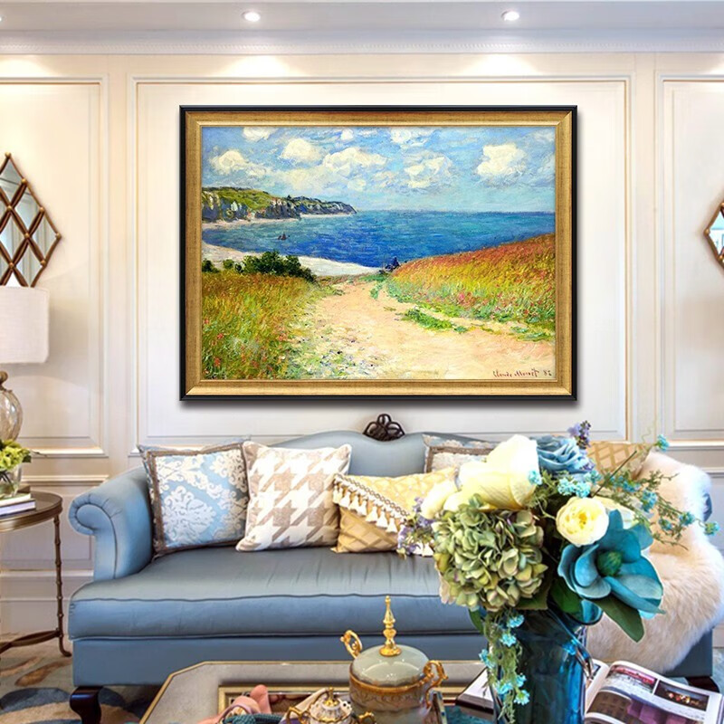 彩象莫奈 穿过稻田的路 手绘油画欧式客厅装饰画玄关餐厅挂画风景画