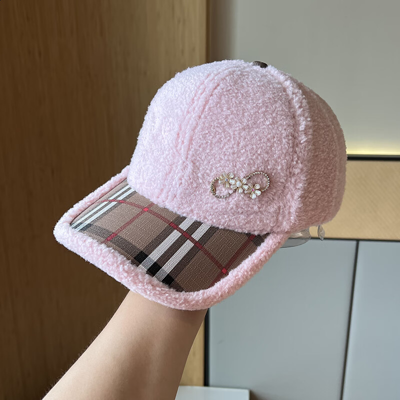 闾婧【jd优选】 韩国花朵水钻帽子女秋冬羊羔毛棒球帽时尚百 粉色 可