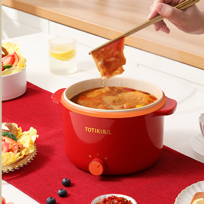 拓几（TOTIKI） 电煮锅多功能电热锅家用不粘电炒锅宿舍学生小嗨锅寝室电蒸锅烤涮一体锅煮面炖火锅 中国红（蒸笼款） 2L