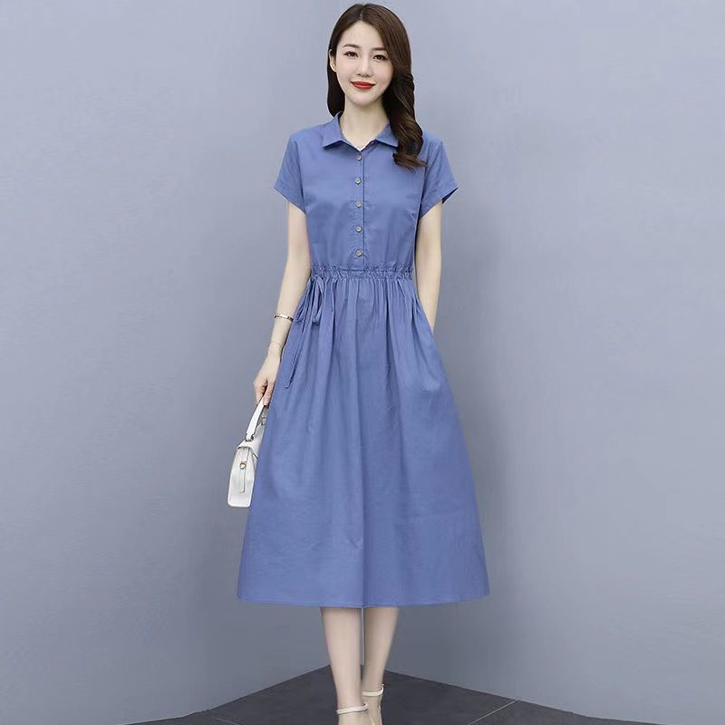 中年妈妈装纯棉连衣裙女收腰显瘦2022夏季新款韩版纯色气质百搭休闲妈