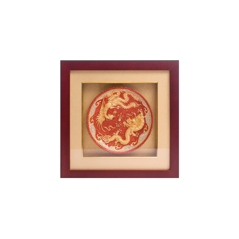 兆宸非物質(zhì)文化遺產(chǎn)漆線雕中國(guó)風(fēng)北京特色禮品送老外28*28cm擺件禮品 龍鳳呈祥紅底銀邊裱框