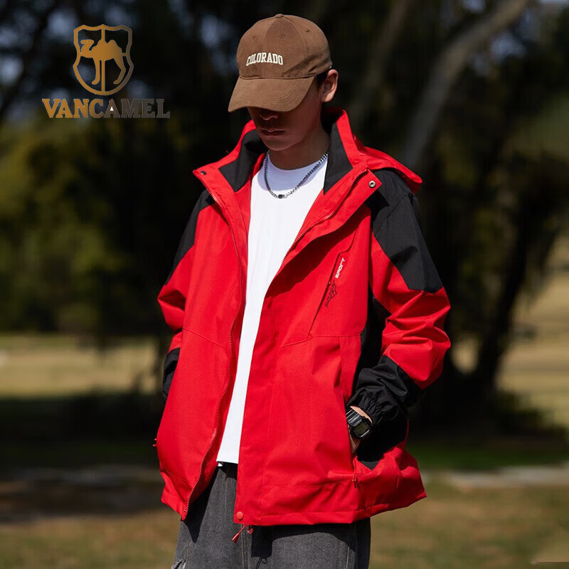 西域骆驼（VANCAMEL）冲锋衣男女加厚防风保暖登山服三合一可拆卸夹克外套连帽滑雪服 KY1818A中国红/黑色-男 6XL