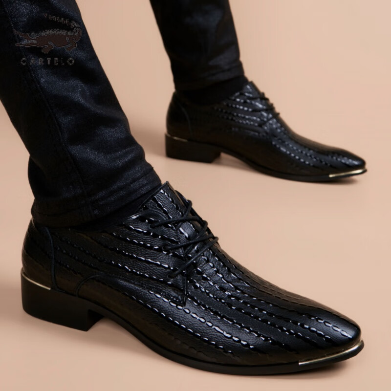 真皮正装男鞋尖头鳄鱼英伦帝乐内增高